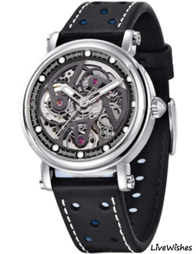 Часы наручные механические с автоподзаводом BENYAR на кожаном ремешке, серебристый/черный W9890-01