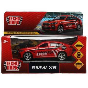 Машина металл BMW X6 СПОРТ длина 12 см, двери, багаж, инер, красный, кор. Технопарк