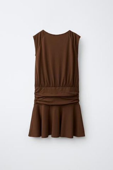ZARA ПЛАТЬЕ С ПОЯСОМ И ВОЛАНОМ, КОРИЧНЕВЫЙ