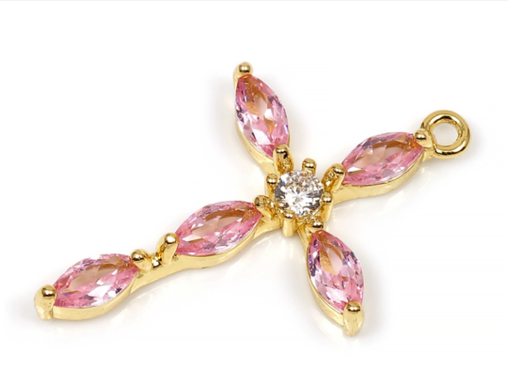 247509-рз Подвеска "Крест" (капля) с розовыми и белым фианитом 30*18мм, позолота