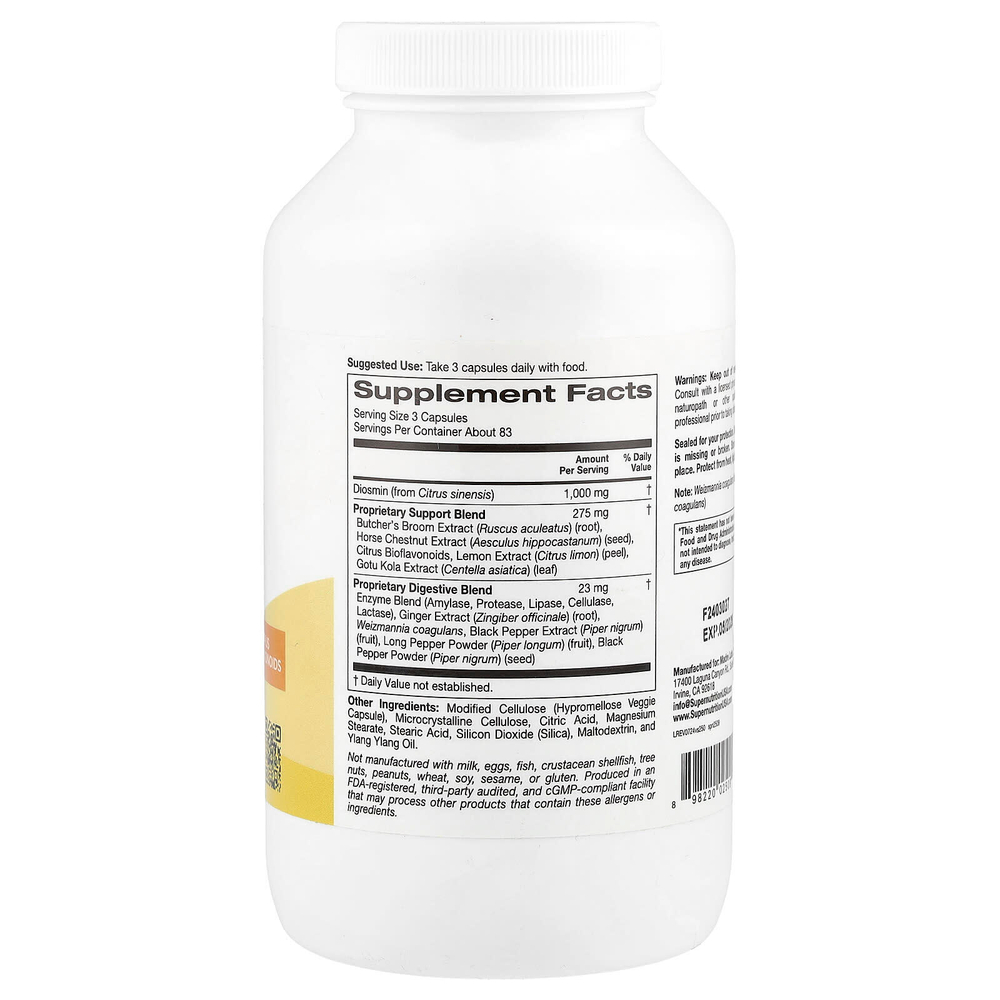 Super Nutrition, добавка для поддержки вен с диосмином, иглицей колючей, конским каштаном, биофлавоноидами и ферментами, 250 растительных капсул