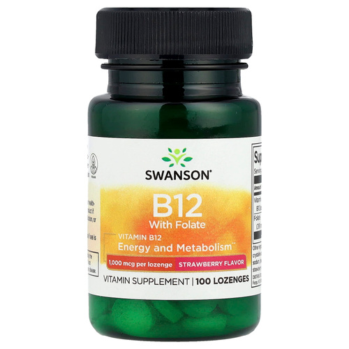Swanson Vitamins, Витамин B12 с фолатом, клубника, 100 пастилок
