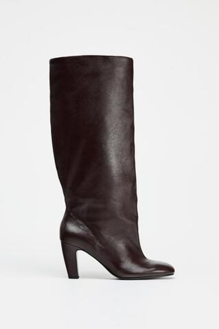 ZARA КОЖАНЫЕ САПОГИ С ШИРОКИМ ГОЛЕНИЩЕМ, КОРИЧНЕВЫЙ