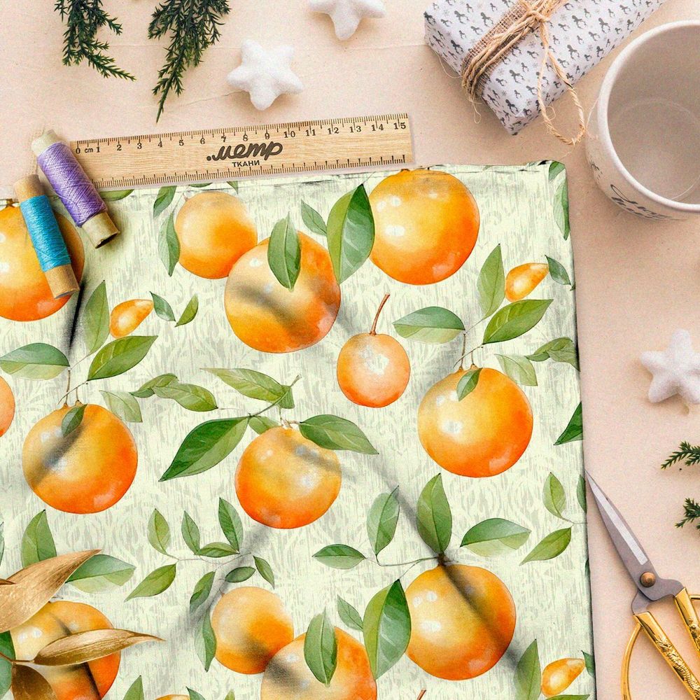 Ткань премиум таффета акварельные апельсины