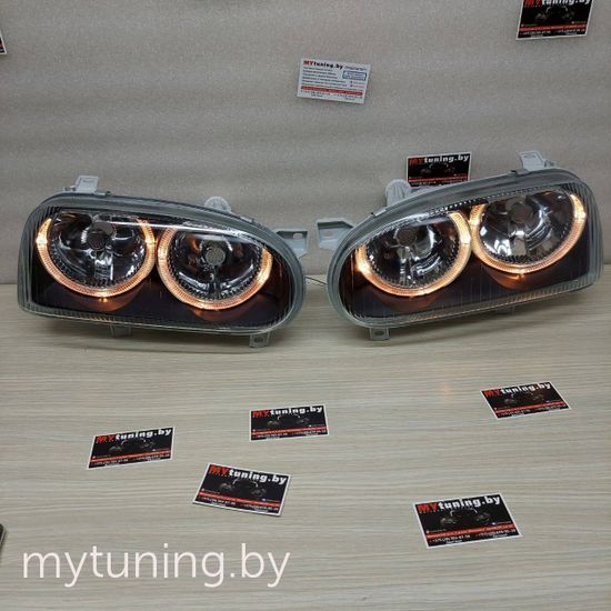 Передние фары VW Golf 3 angel eyes black