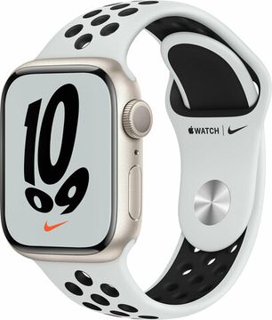 Apple Watch Nike Series 7, 41 мм, корпус из алюминия цвета «сияющая звезда», спортивный ремешок Nike цвета «чистая платина/чёрный»