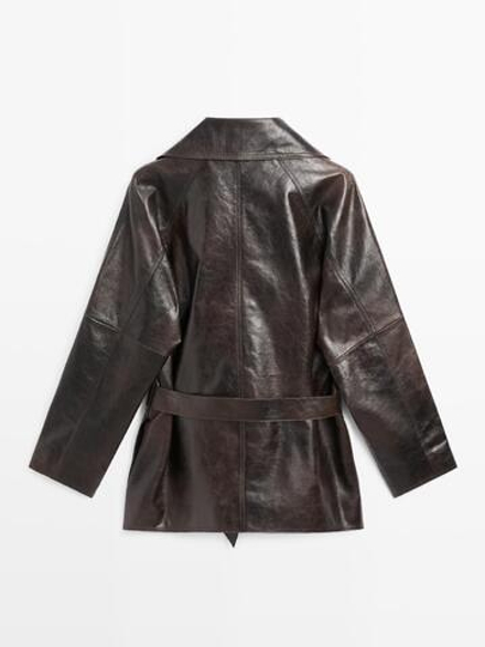 Massimo Dutti Куртка из кожи наппа с поясом, коричневый