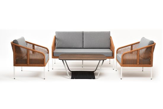 "Канны" лаунж-зона 4-местная из роупа со столом "Глория" цвет "дуб", каркас алюминиевый белый, роуп оранжевый меланж