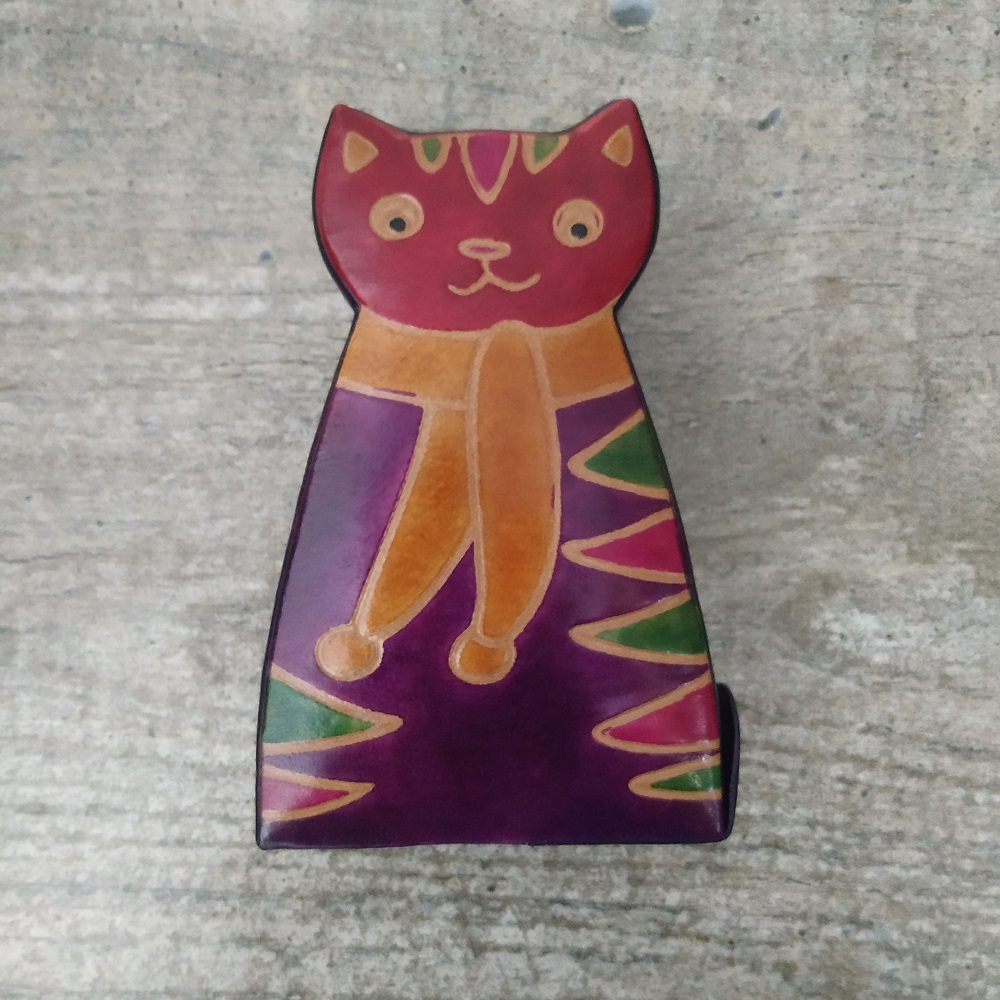 Копилка под мелочь "Кошка", фиолетовая кошка, красная морда, натуральная кожа ручной принт