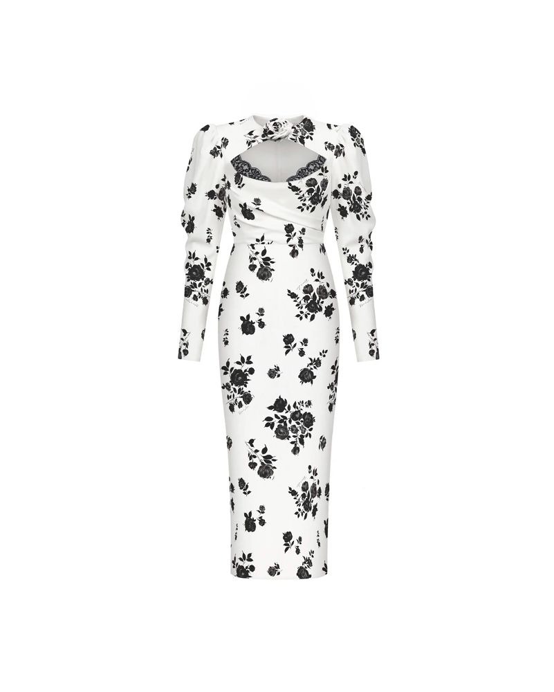 Мейсел миди (Macel midi), платье миди из молочного крепдешина с цветочным принтом