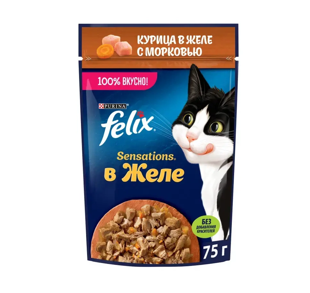 Felix sensations влажный корм для кошек, с курицей в желе с морковью пауч 75 г