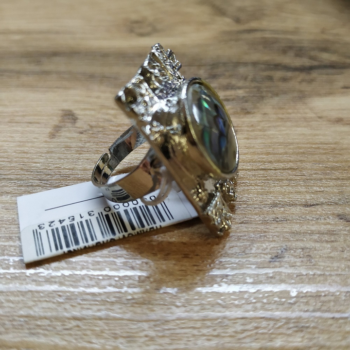 Кольцо разъемное Круг в прямоугольнике, перламутр гелиотис, металл светлый, 22x32 мм