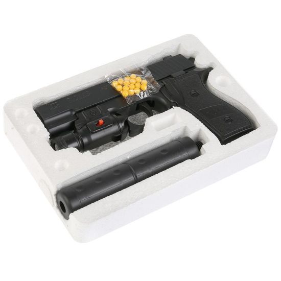 Пистолет с глушителем, с фонарем P2118-B в кор.