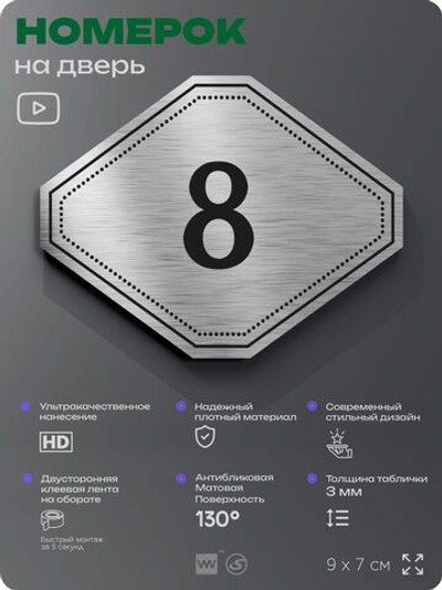Номерок на дверь квартиры 8, для кабинета, офиса, шильдик 9 х 7 см, серебристый, Айдентика Технолоджи