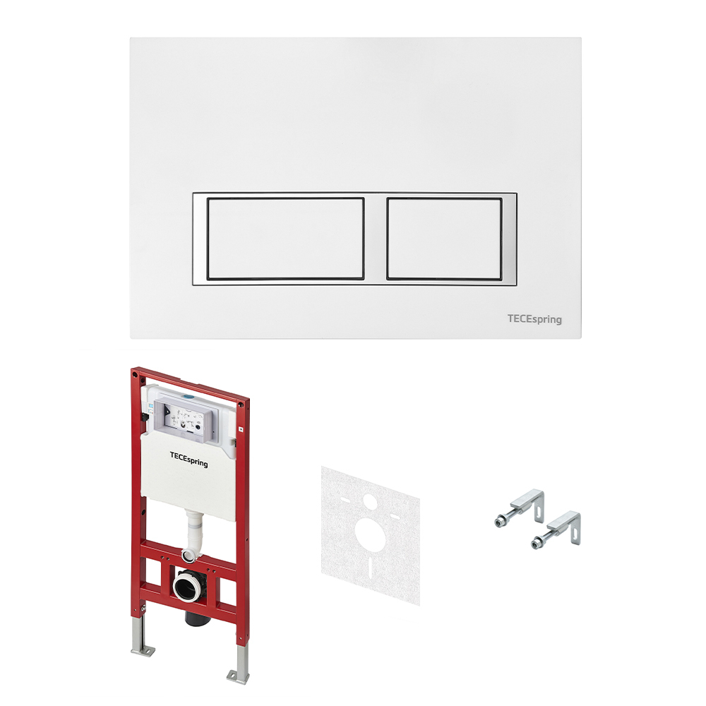 Комплект для установки подвесного унитаза: застенный модуль TECEspring, пластиковая панель смыва TECEspring V, белая глянцевая