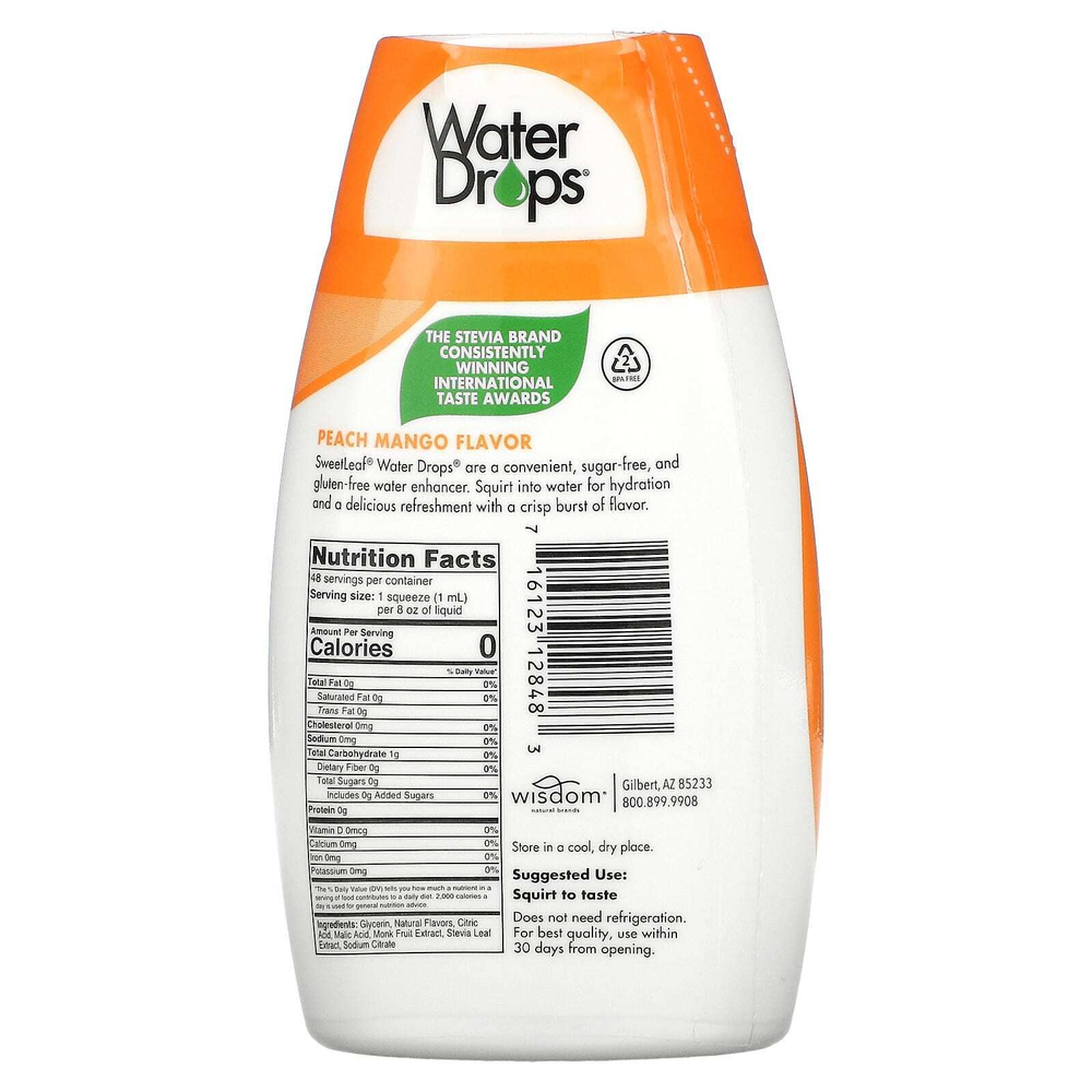 SweetLeaf Stevia, Water Drops®, вкусная стевия, усилитель воды, персик и манго, 48 мл (1,62 жидк. Унции)