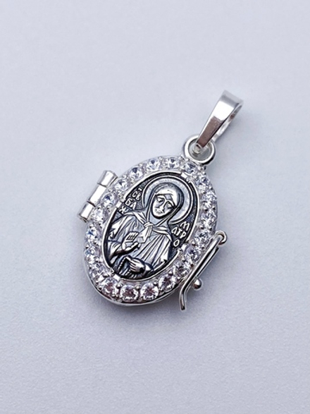 Ладанка из серебра/Чернение/С подвижным ухом/Со вставкой из прозрачных фианитов/Матрона/Казанская БМ/Ангел