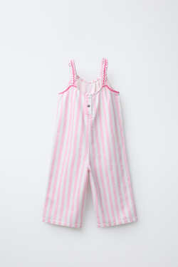 ZARA ДЛИННЫЙ КОМБИНЕЗОН ИЗ САРЖИ В ПОЛОСКУ, РОЗОВЫЙ