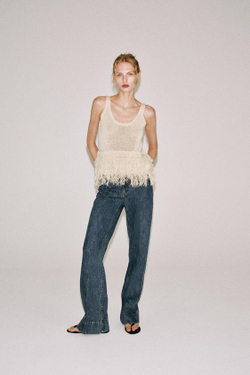 ZARA ТРИКОТАЖНЫЙ ТОП С БАХРОМОЙ, ЭКРЮ