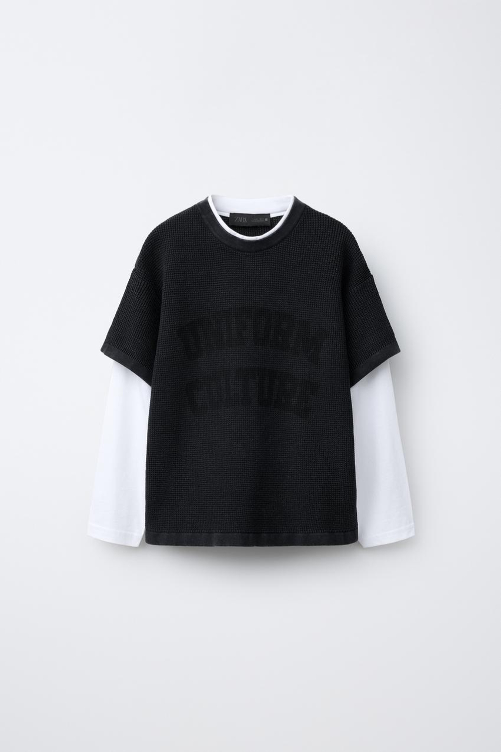 ZARA ФУТБОЛКА С ДВОЙНЫМИ РУКАВАМИ И НАДПИСЬЮ, ЧЕРНЫЙ