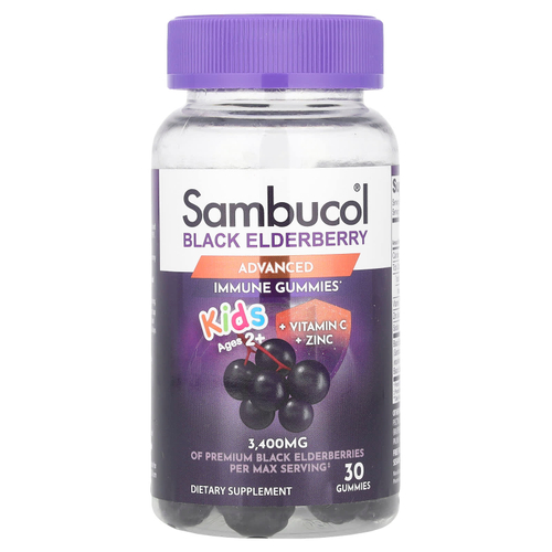 Sambucol, Детские жевательные мармеладки с черной бузиной + витамин C и цинк, для детей от 2 лет, 30 жевательных таблеток