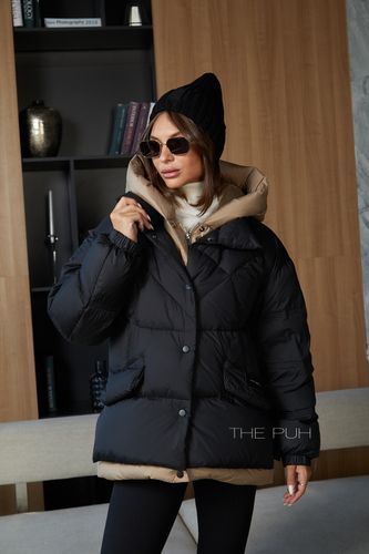 Женский черно-коричневый многослойный пуховик