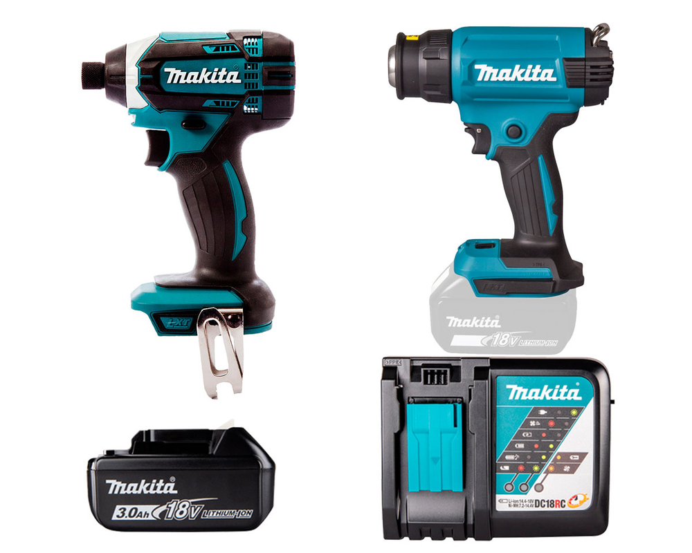 Аккумуляторный фен + винтовёрт с энергокомплектом Makita DHG181ZK-DTD152Z-191A25-2