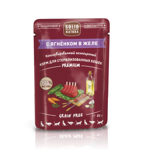 Solid Natura Premium кусочки в желе с ягненком влажный корм для стерилизованных кошек пауч 85 гр