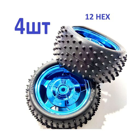 4шт. Колесо для р/у модели и робота 83Х35 мм под HEX 12 mm, протектор шипы, синее