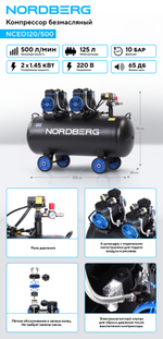 Компрессор безмасляный 220 В, ресивер 125 л, 500 л/мин NORDBERG NCEO120/500