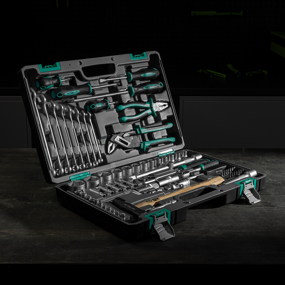 Набор инструментов, 1/2", 1/4", CrV, пластиковый кейс 76 предметов Stels