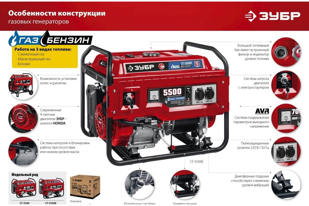 Гибридный генератор бензин/газ с электростартером ЗУБР 5500 Вт, СГ-5500Е