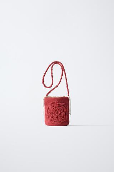 ZARA СУМКА ИЗ КРУЖЕВА КРОШЕ С ЦВЕТКОМ, КРАСНЫЙ