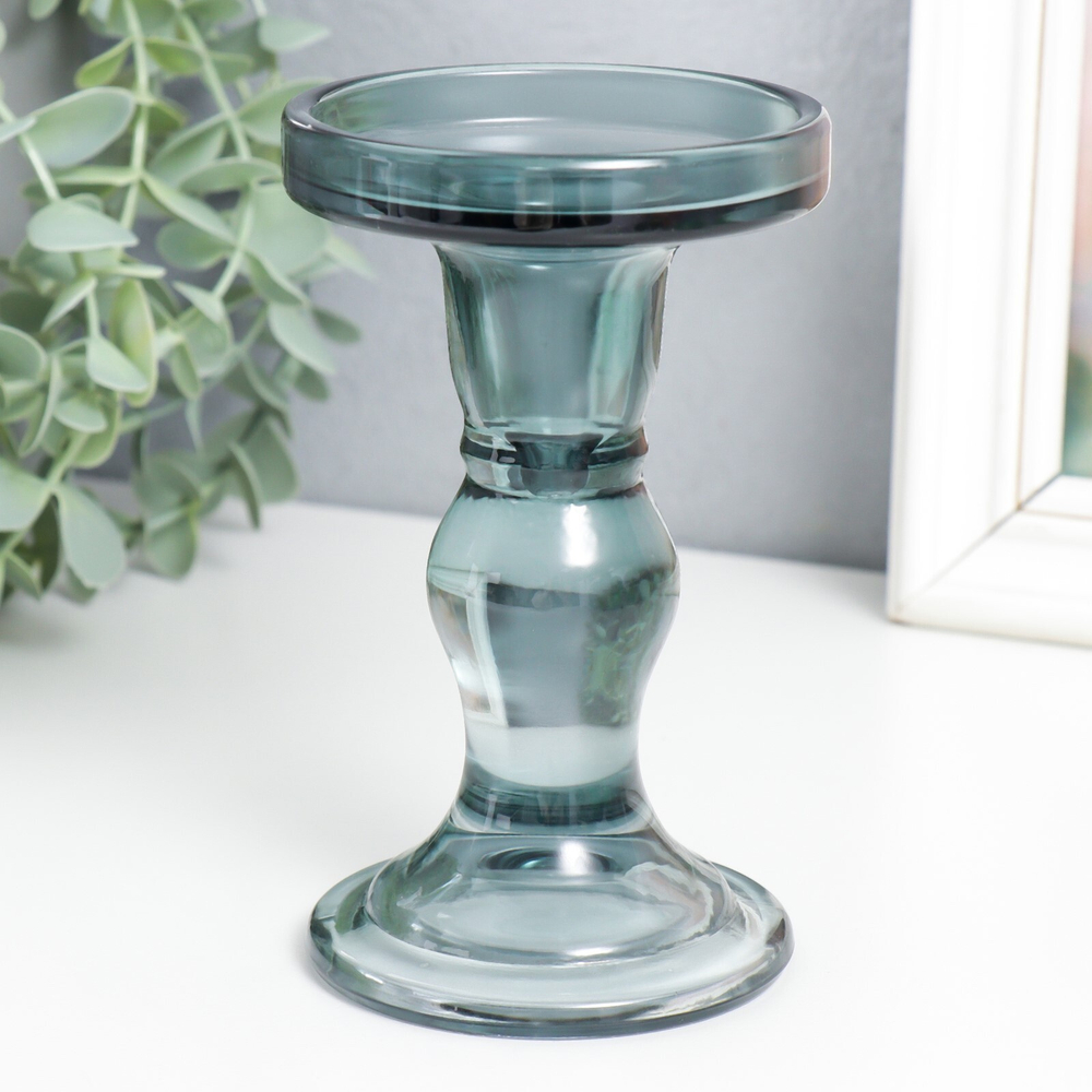 Подсвечник стекло "Подиум" д 2 и 7 см дымка 8,5х8,5х14 см