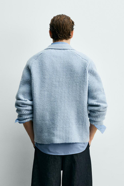 ZARA ПОЛО ИЗ ДВУХИЗНАНОЧНОГО ТРИКОТАЖА С МЕШАНОЙ ШЕРСТЬЮ, НЕБЕСНО-ГОЛУБОЙ