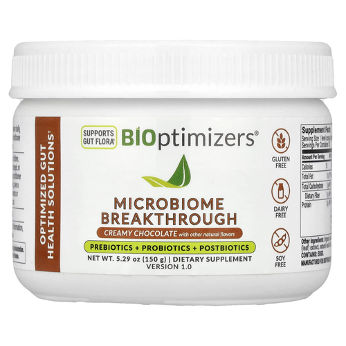 BIOptimizers, Microbiome Breakthrough, пребиотики, пробиотики и постбиотики, сливочный шоколад, 150 г (5,29 унции)