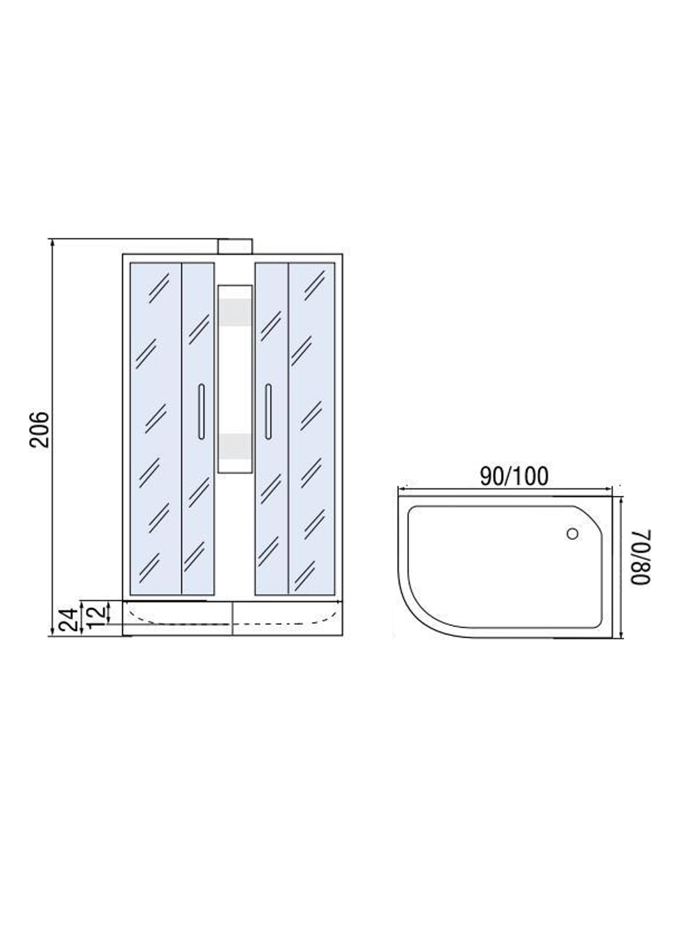 Душевая кабира  МОНОМАХ 10000005808 100/70/24 МЗ R, б/крыши, 1000х700х2060, асимметричная