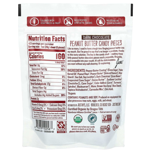 Justin's Nut Butter, Кусочки конфет с органическим арахисом, темный шоколад, 128 г (4,5 унции)