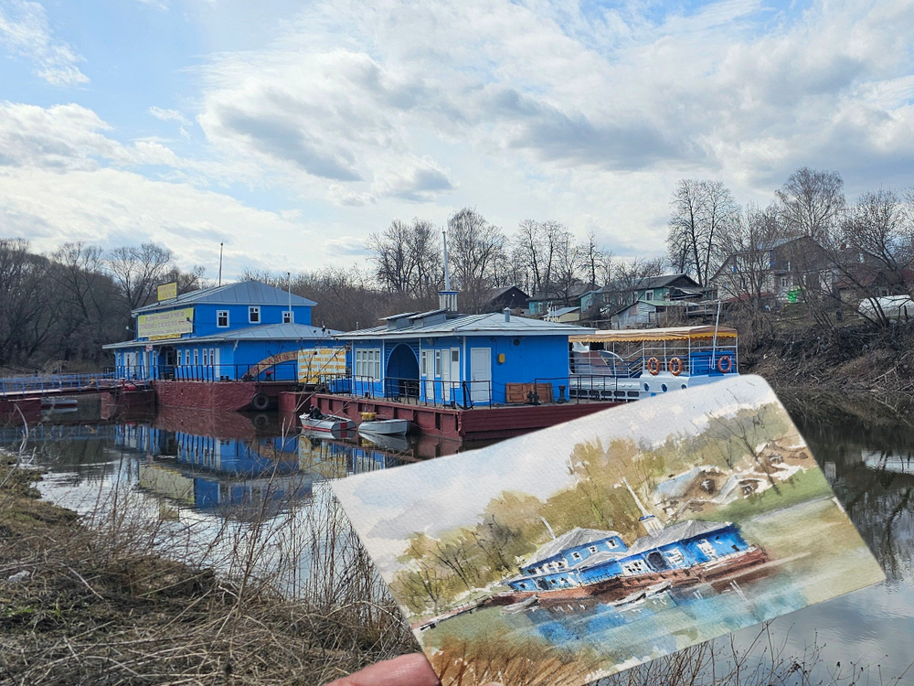 Картина авторская акварельная в паспарту 21х30 см на стену для интерьера "Пристань у кремля. Рязань"