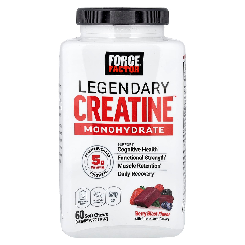 Force Factor, Legendary Creatine™, моногидрат креатина, с ягодным вкусом, 60 жевательных таблеток (2,5 г в 1 жевательной таблетке)