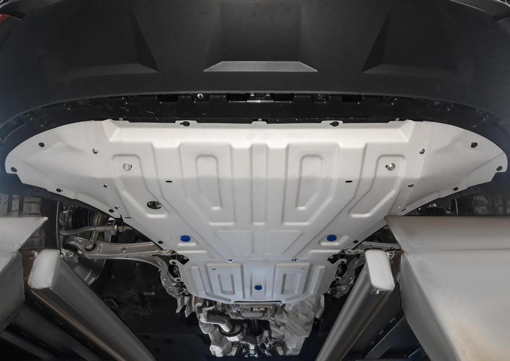 Защита радиатора, картера, КПП и РК Rival для Volkswagen Touareg III (V - 2.0 TSI (249 л.с.); 3.0 TSI (340 л.с.); 3.0TDI (249 л.с.)) (вкл. пакеты "Движение по бездорожью" и "Подвеска Pro") 2018-н.в., штампованная, алюминий 3 мм, с крепежом, 4 части, K333.5870.1