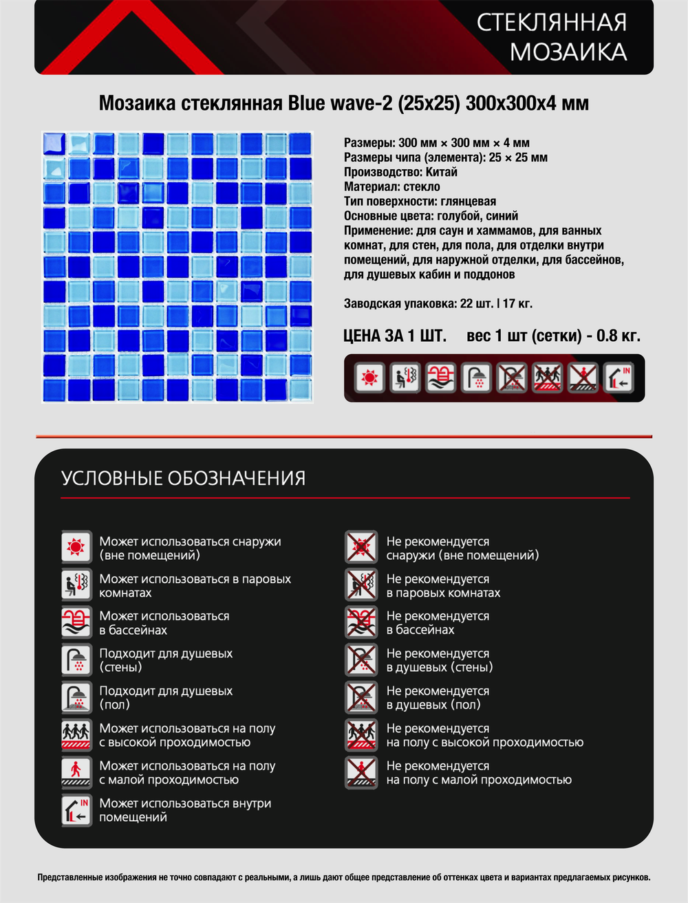 Мозаика стеклянная Blue wave-2/Голубая волна-2 (25х25) 300х300х4 мм