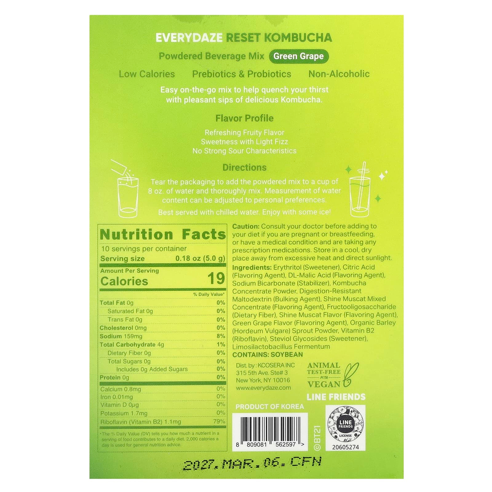 Everydaze, Reset Kombucha, порошковая смесь для напитков, зеленый виноград, 10 пакетиков по 5 г (0,18 унции)