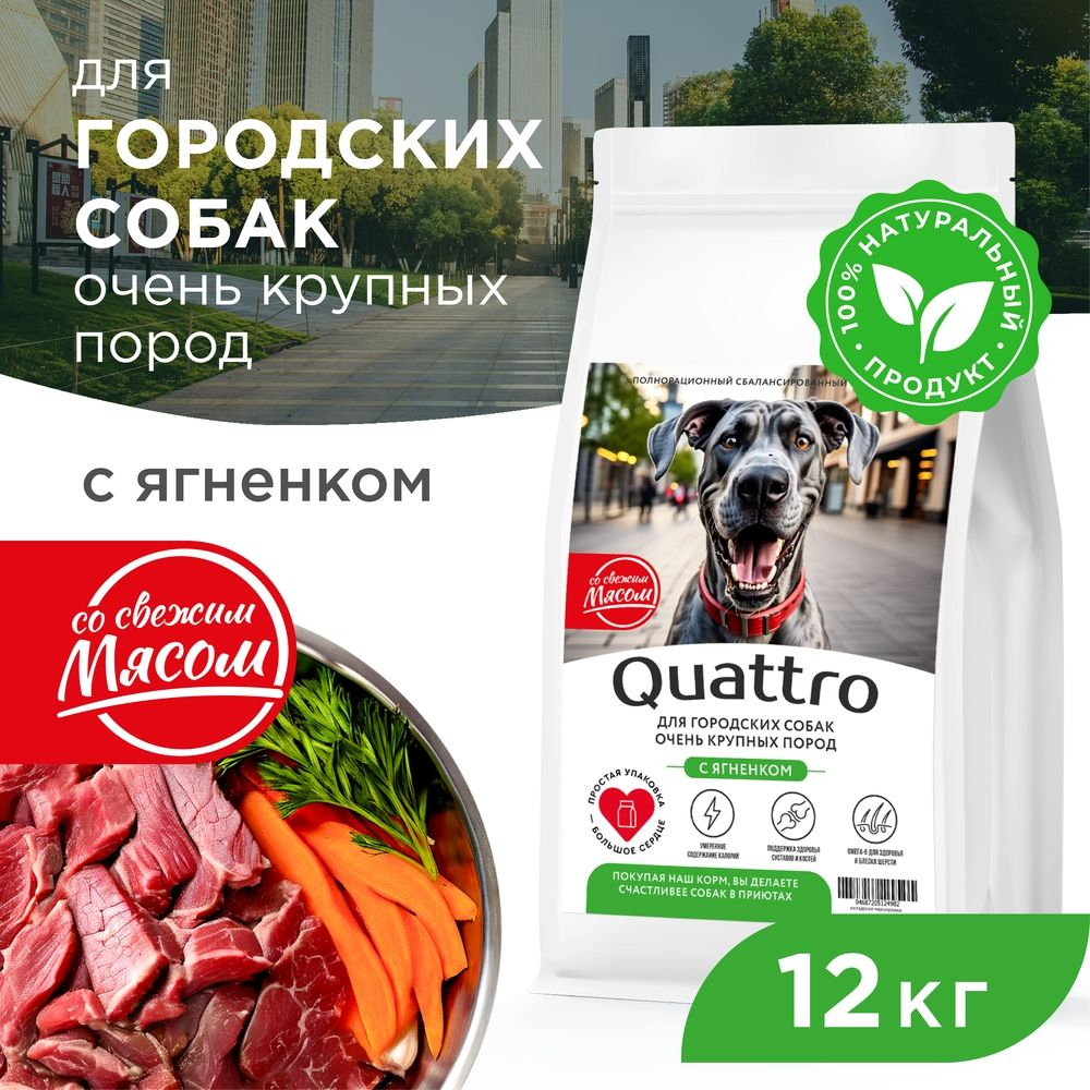 Корм сухой для взрослых собак очень крупных пород, премиум полнорационный комплекс, для городских собак, с ягненком, 12 кг, QUATTRO