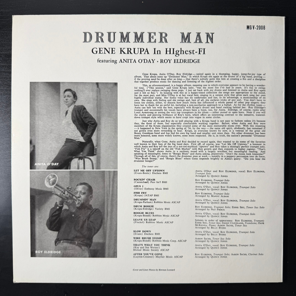 Виниловая пластинка Gene Krupa Featuring Anita O'Day - Roy Eldridge ‎– Drummer Man Gene Krupa In HIghest-FI LP