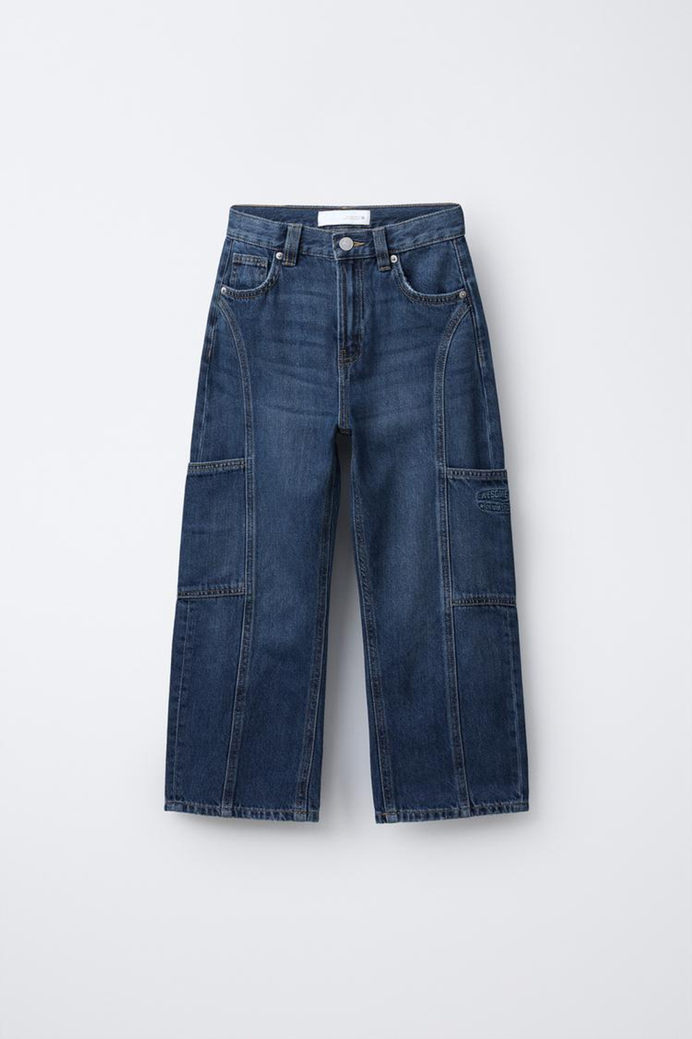 ZARA ДЖИНСЫ BARREL С КАРМАНАМИ И ВЫШИВКОЙ, ВЫЦВЕТШИЙ СИНИЙ