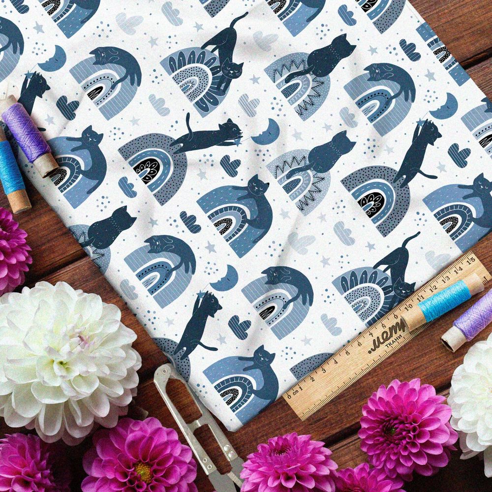 Ткань муслин синие кошки скачут по холмам