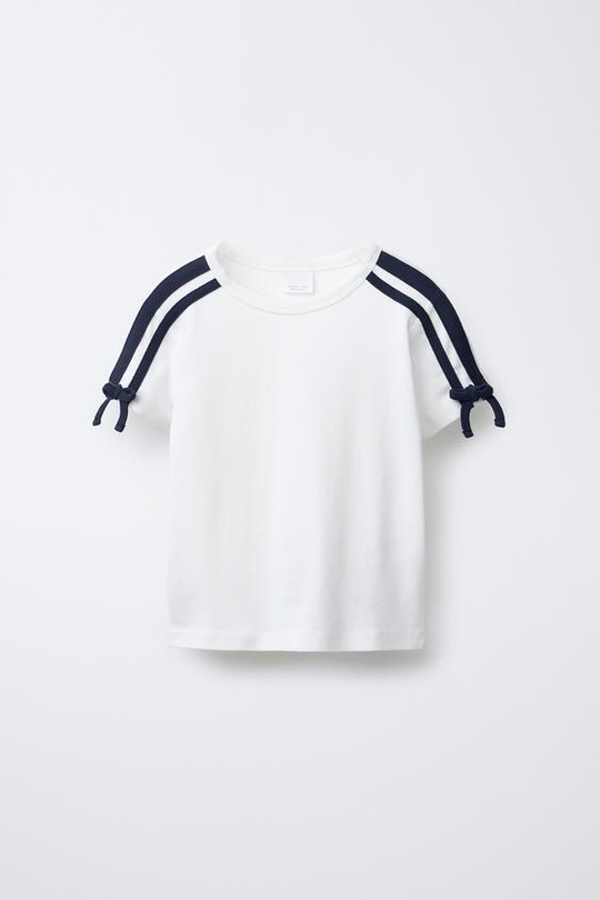 ZARA ФУТБОЛКА С ПОЛОСАМИ И БАНТАМИ, БЕЛЫЙ