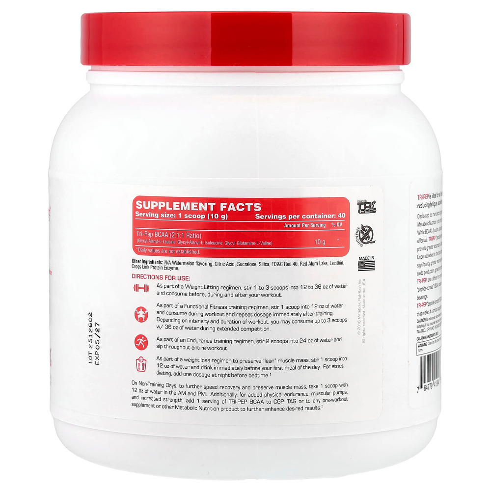 Metabolic Nutrition, Tri-Pep®, аминокислота с разветвленной цепью, со вкусом арбуза, 400 г