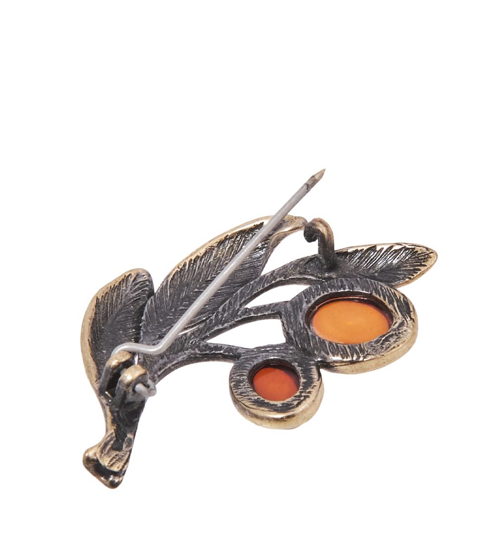 AM-4110 Брошь «Оливковая ветвь» (латунь, янтарь)